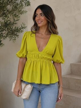dolan Olive Green V-Neck Puff Sleeve Peplum Top